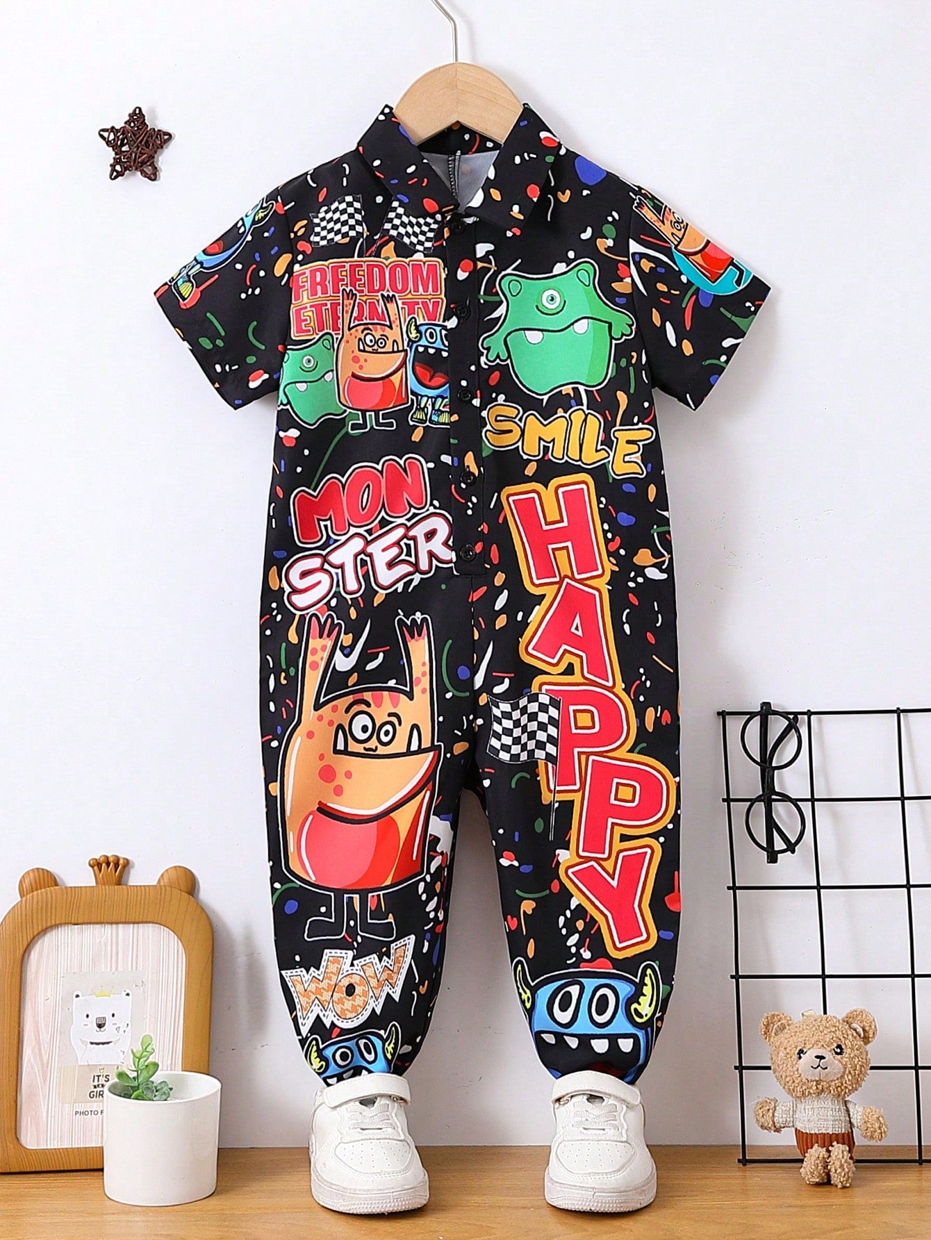 Cute Cartoon Doodle Print Streetwear Jumpsuit For Young Boys