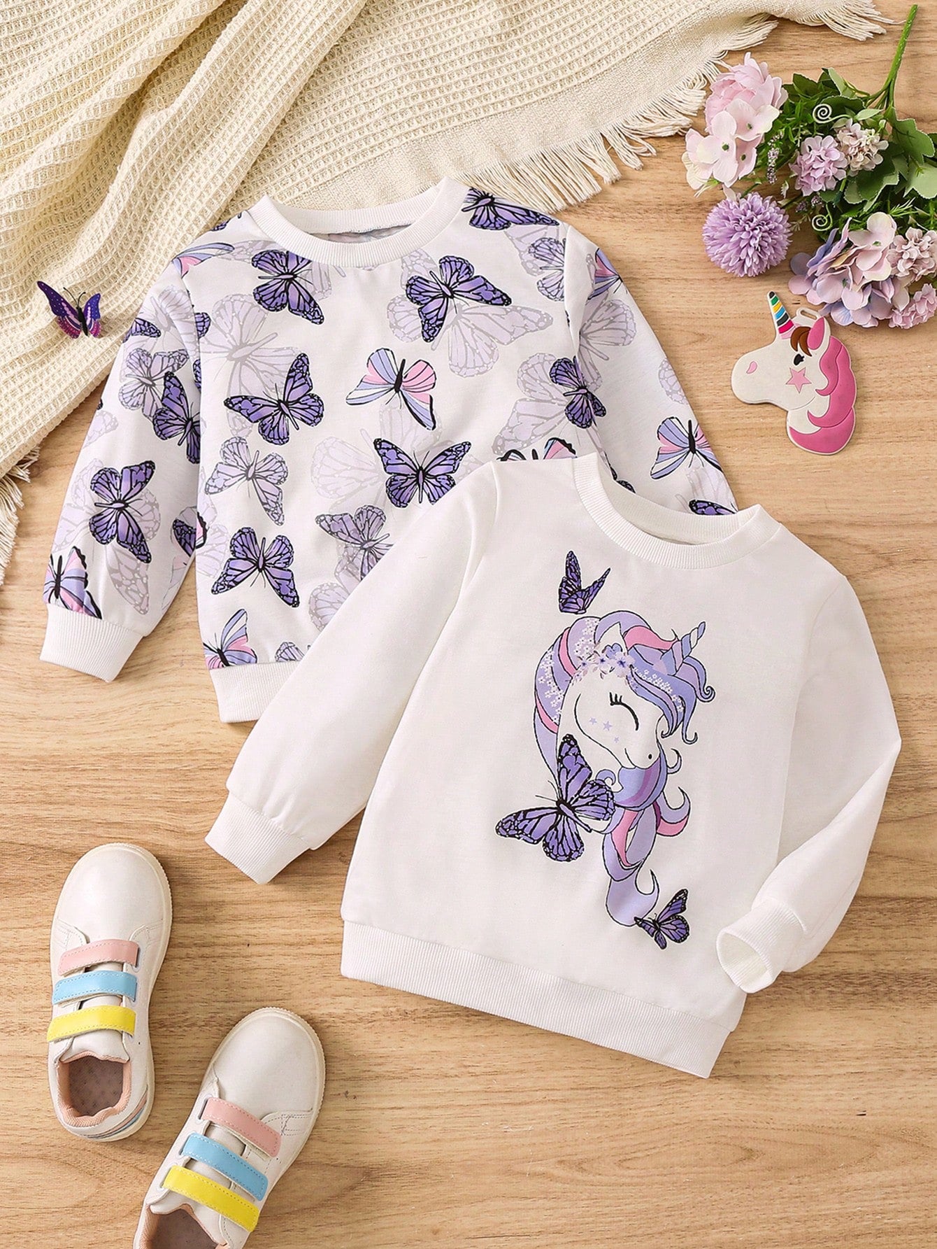 Young Girl 2pcs Butterfly & Unicorn Print Sweatshirt