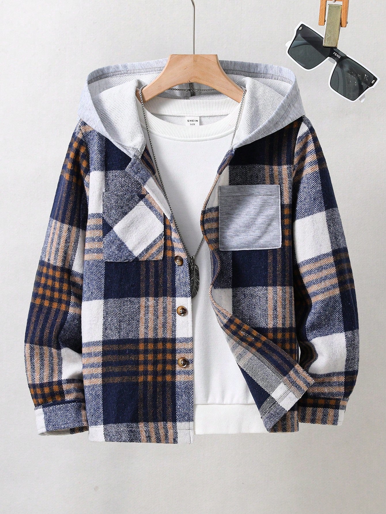 Boys' Plaid Hooded Jacket With Pocket Detail