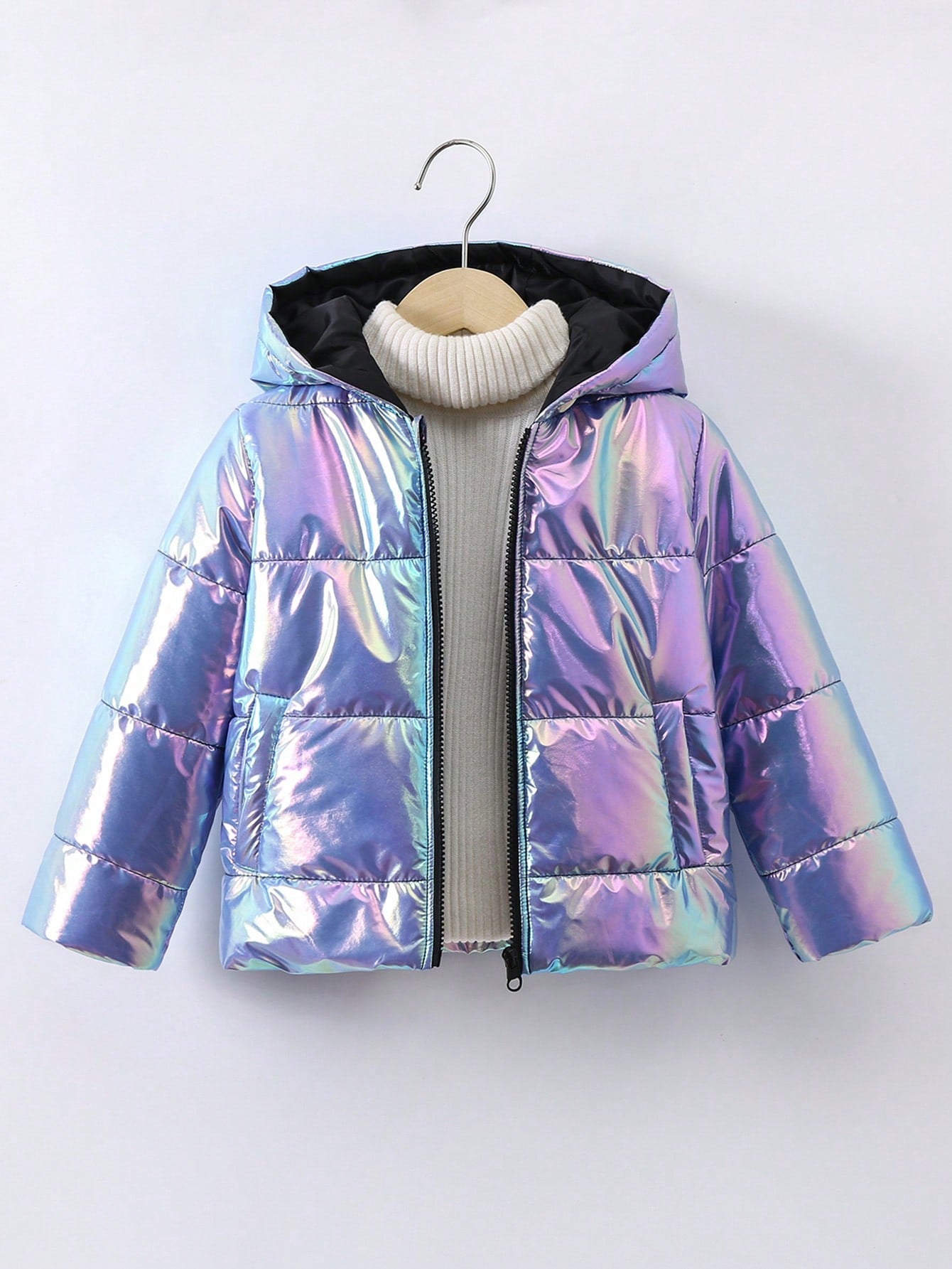 Young Girl Holographic Hooded Puffer Coat Without Sweater