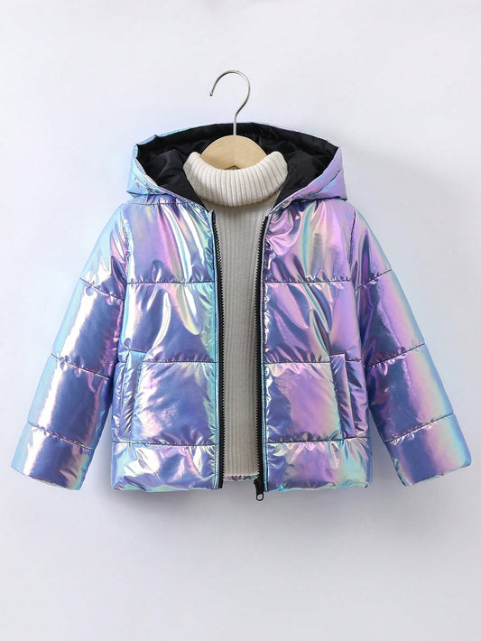 Young Girl Holographic Hooded Puffer Coat Without Sweater