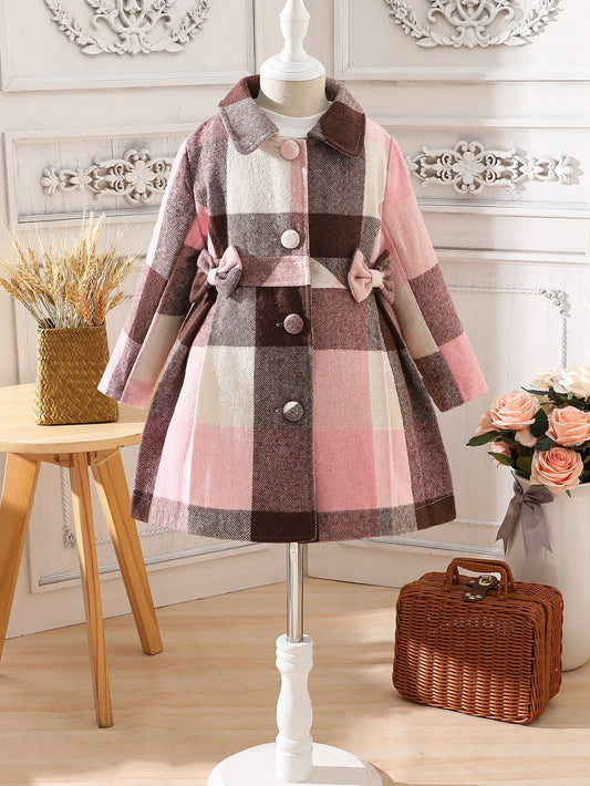 Young Girl 1pc Plaid Print Bow Front Overcoat