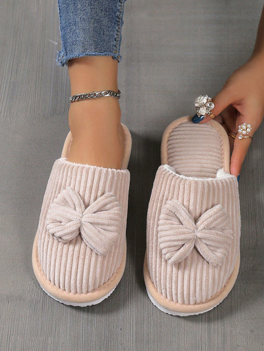 Women's Velvet Bedroom Slippers With Bowknot Decoration, Home Indoor Shoes