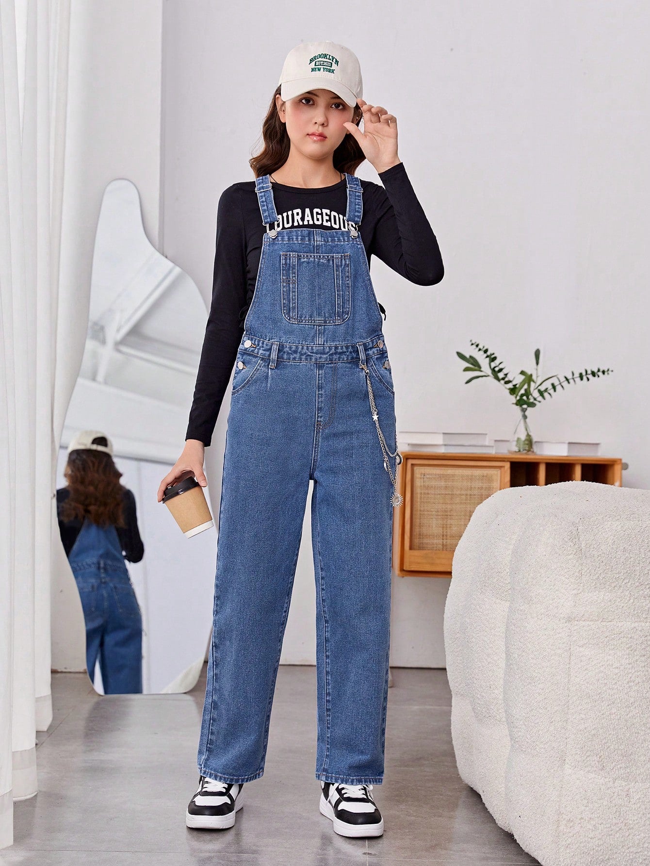 Teen Girl Patched Pocket Denim Overalls Without Tee