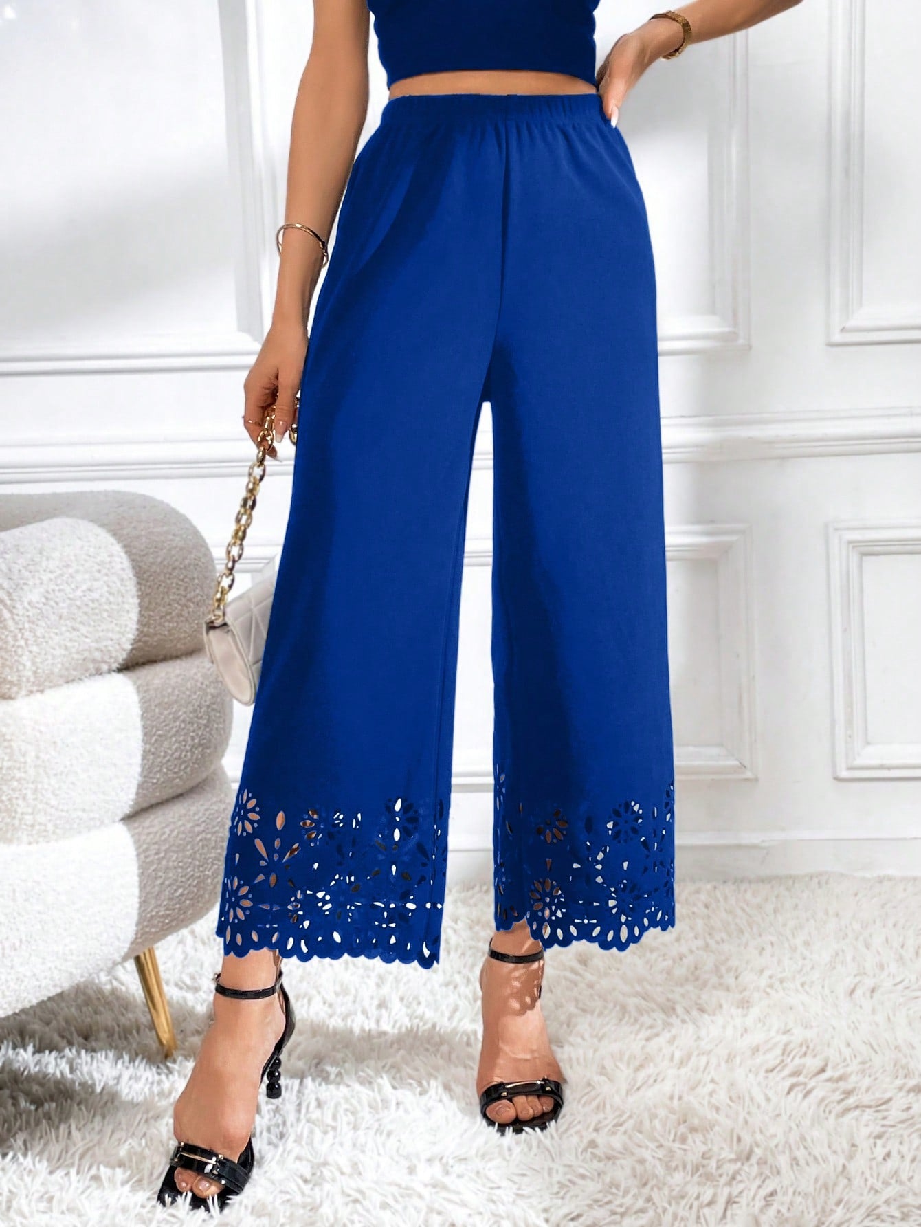 Laser Cut Out Wide Leg Pants