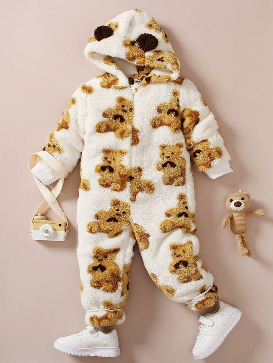 Young Boy Bear Print Zip Up Hooded Teddy Jumpsuit