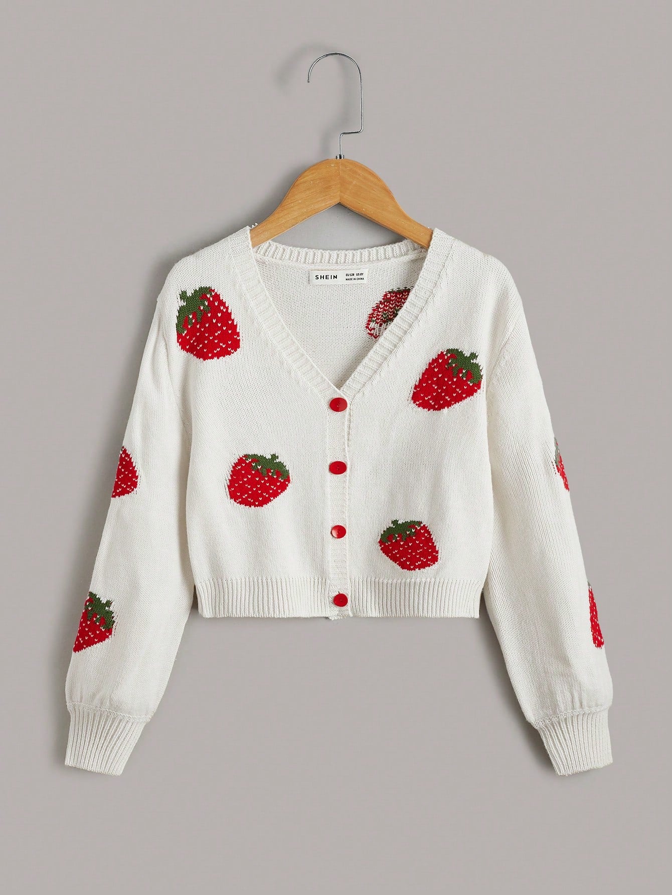 Tween Girl Strawberry Pattern Drop Shoulder Cardigan