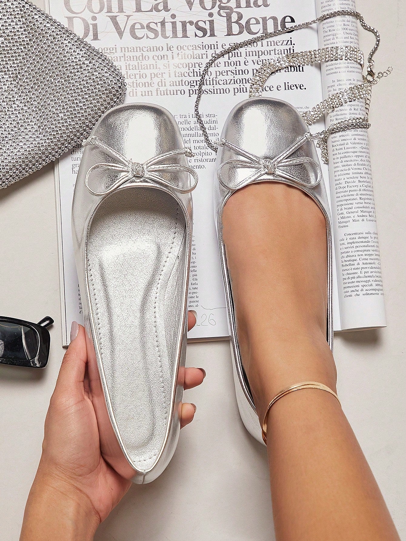 Metallic Bow Detail Ballet Flats