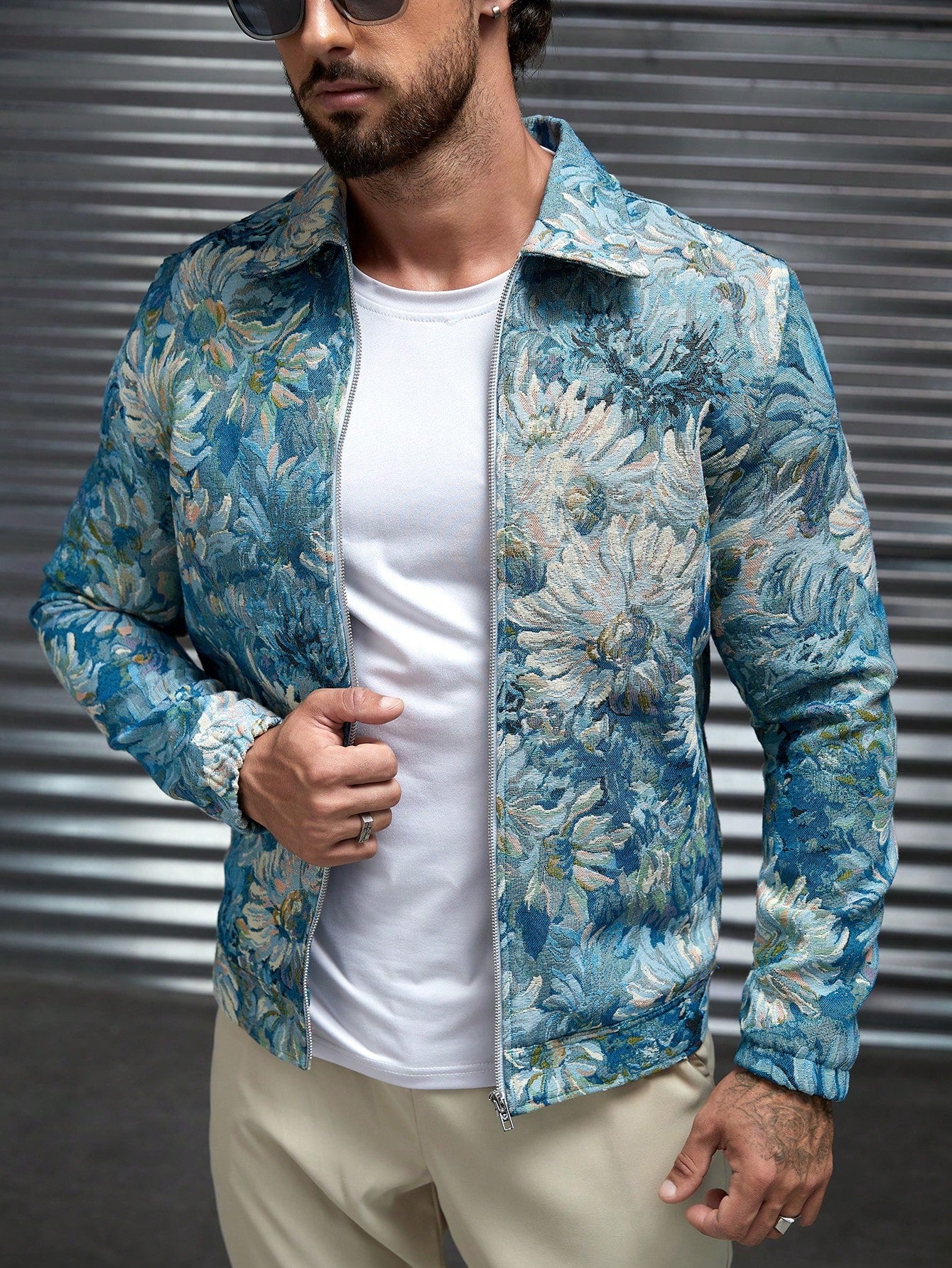 Men Floral Print Zip Up Jacket