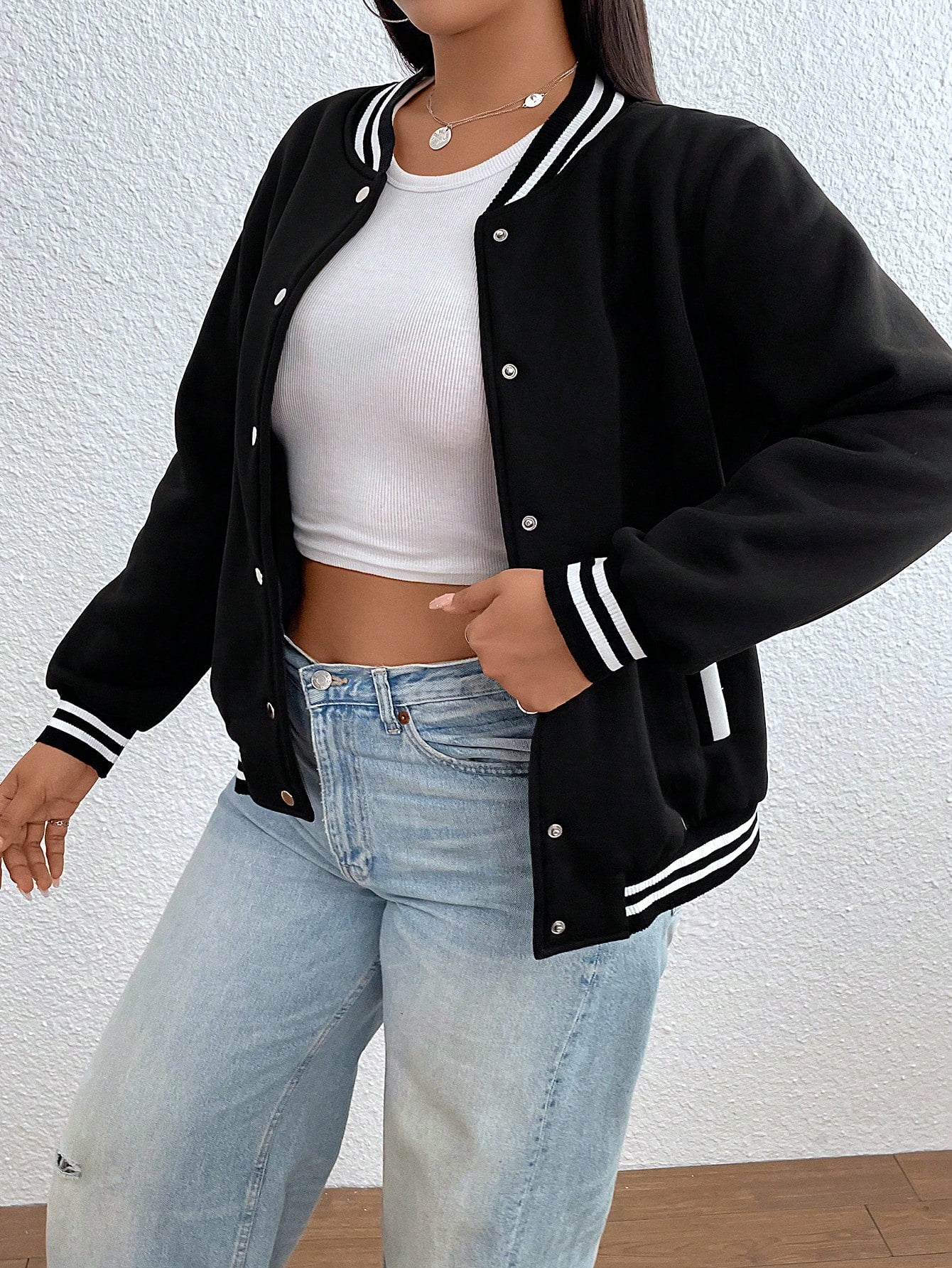 Plus Striped Trim Drop Shoulder Bomber Jacket