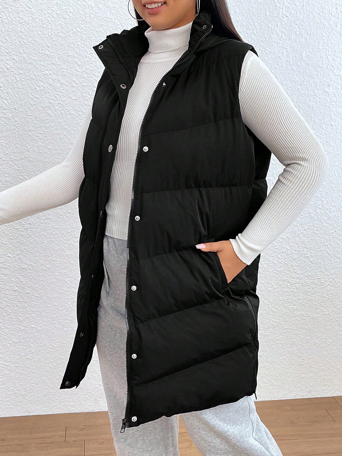 Plus Zip Up Snap Button Puffer Vest Coat