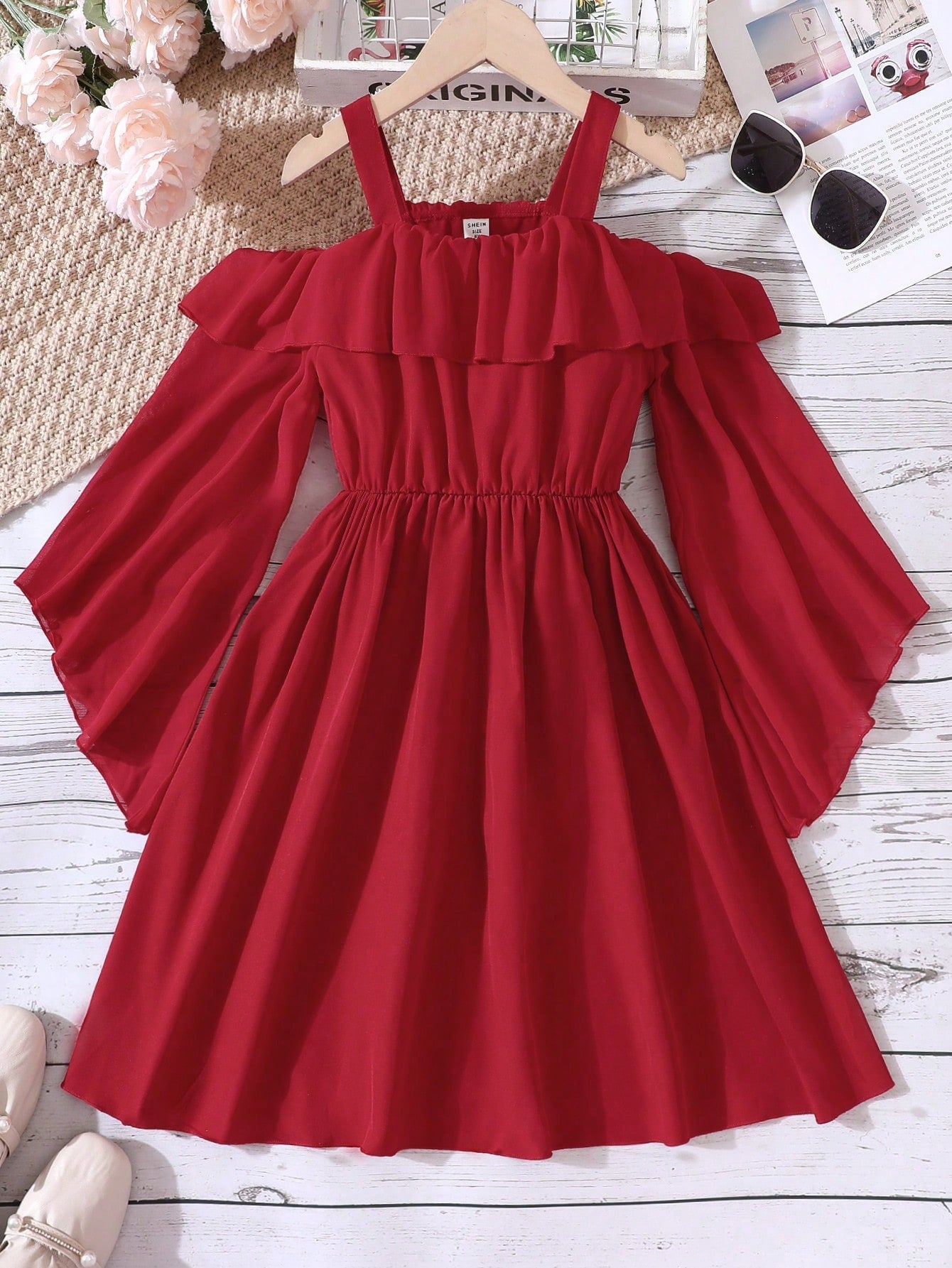 Tween Girl Cold Shoulder Ruffle Trim Dress