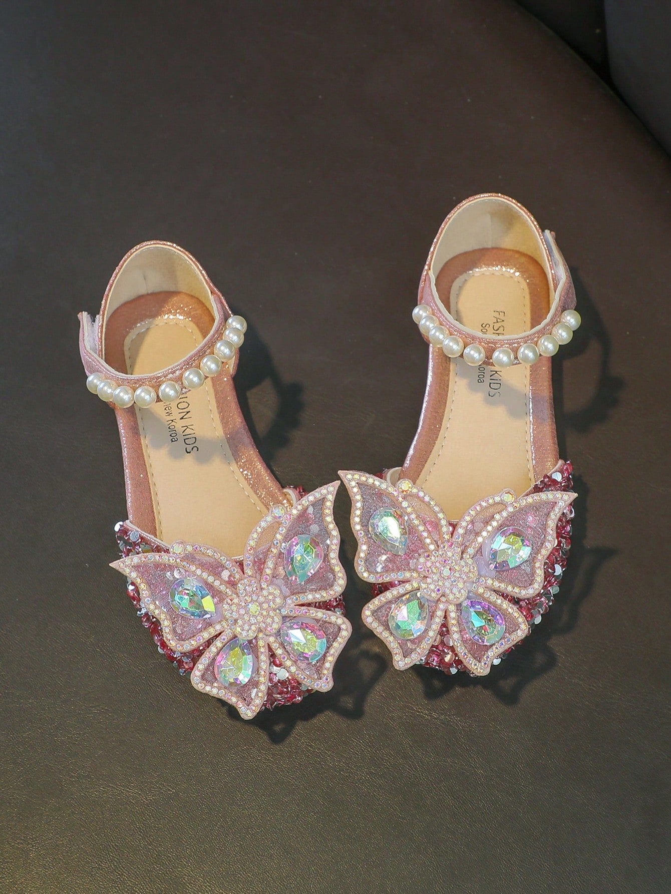 Children Flat Shoes With Rhinestone Bow Embellishment And Glittering Details