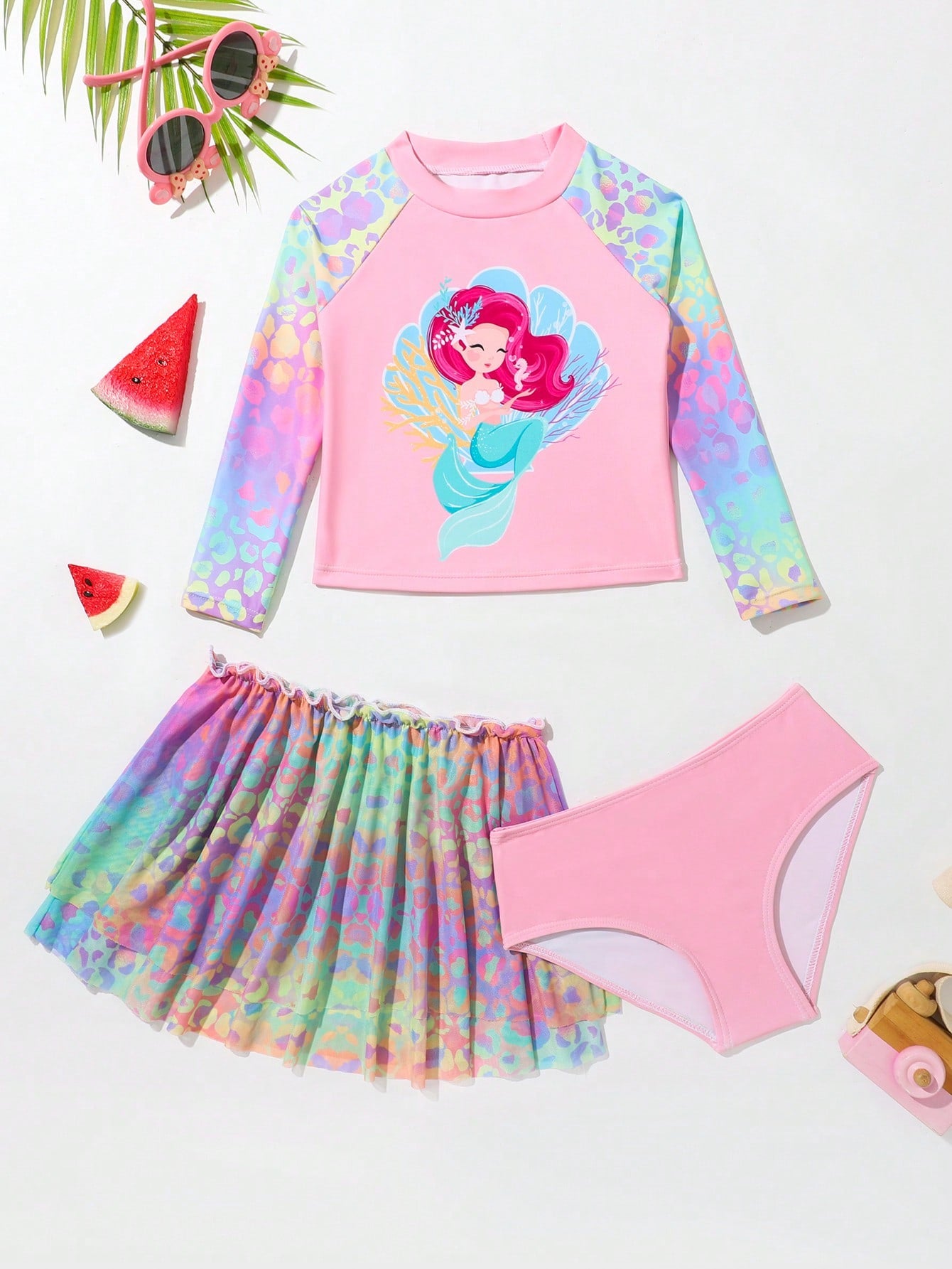 Young Girl Mermaid Print High Neck Bikini Set With Beach Skirt Summer Beach