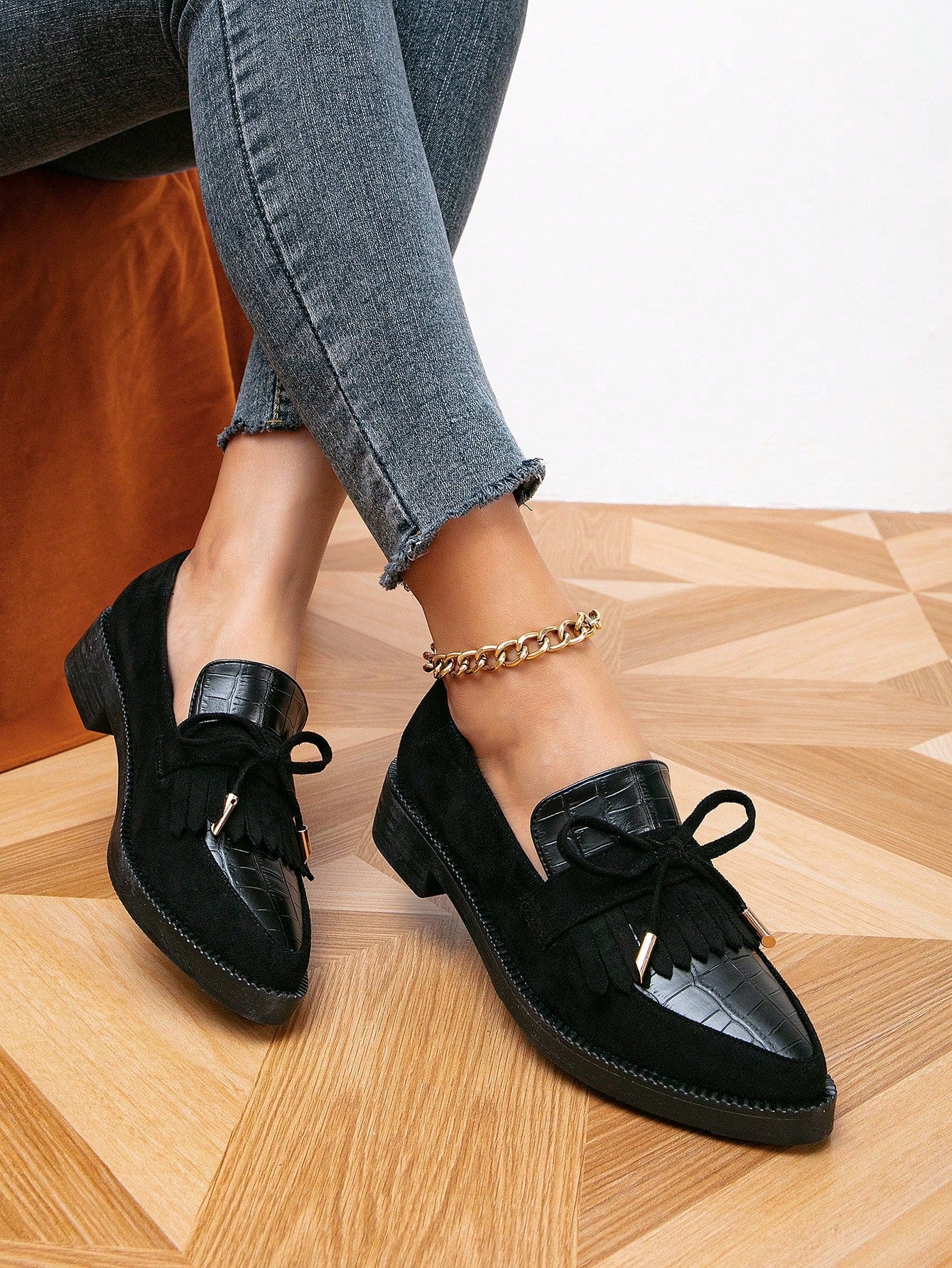 Women's Fringed Black Mary Jane Shoes With Thick Soles, Pointed Toes And Chunky Heels