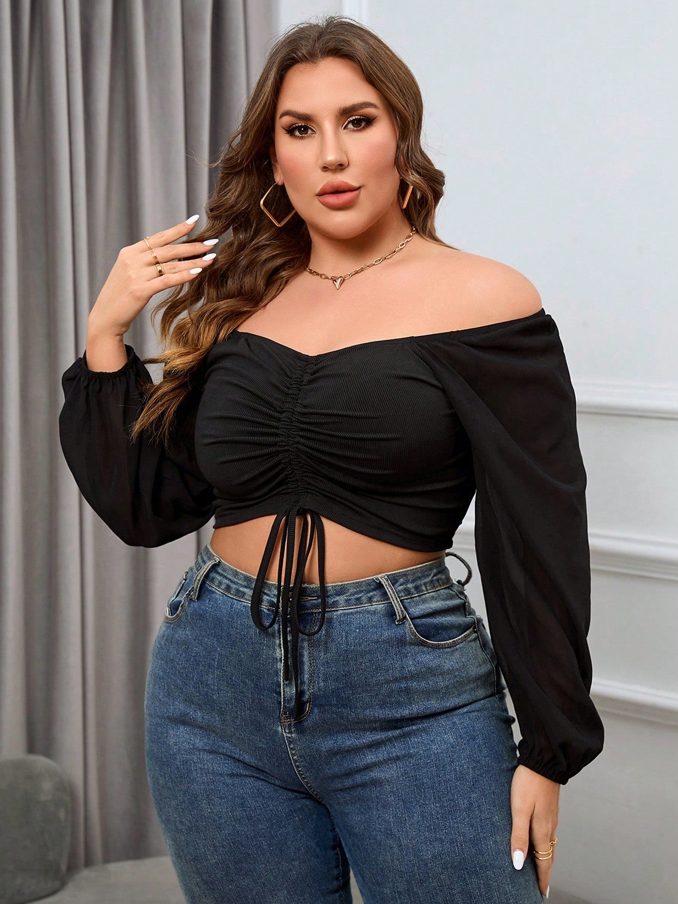 Plus Off Shoulder Drawstring Front Lantern Sleeve Crop Top