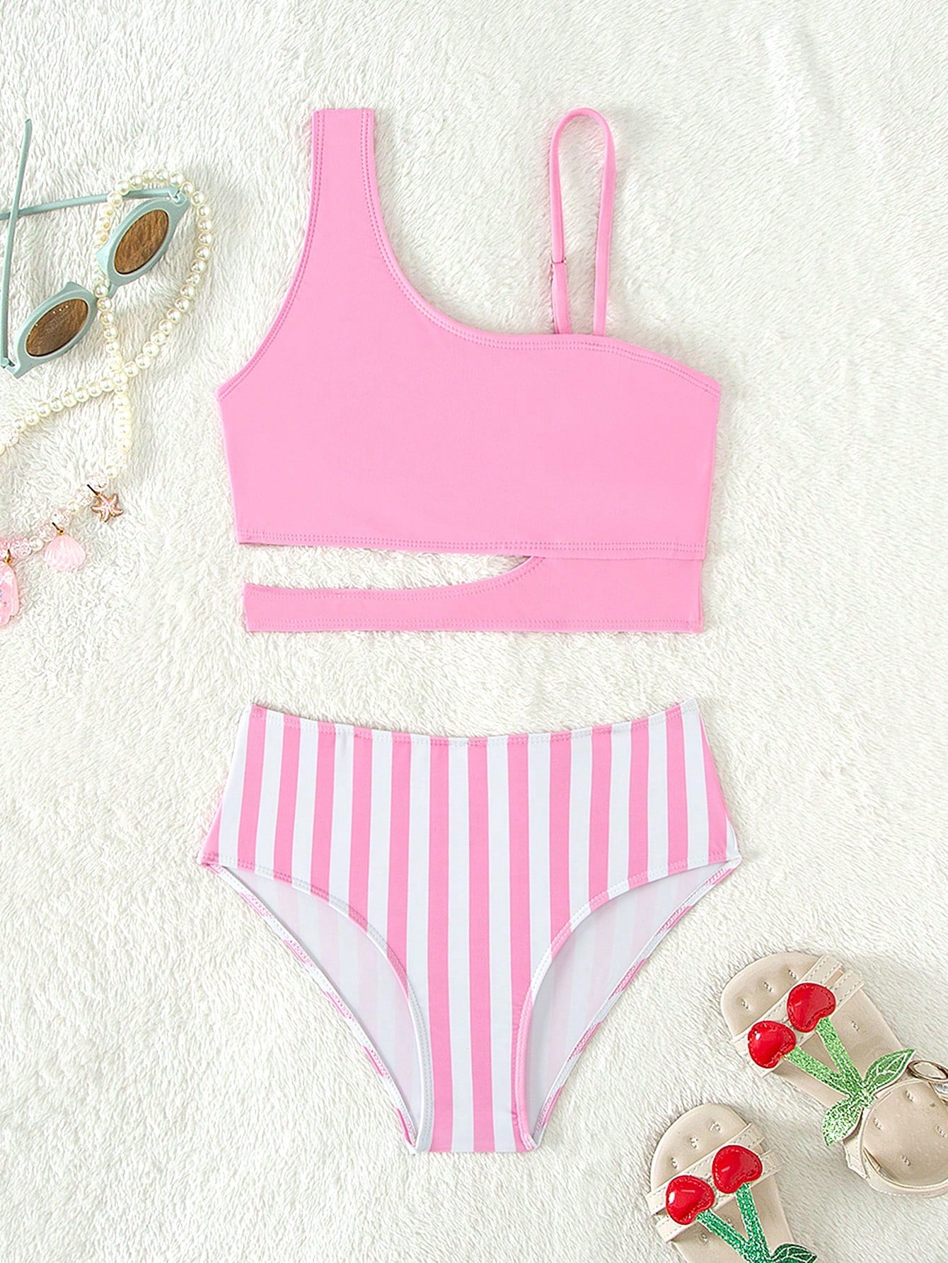 Tween Girl Striped Cut Out Asymmetrical Neck Cut Out Bikini Set Summer Beach