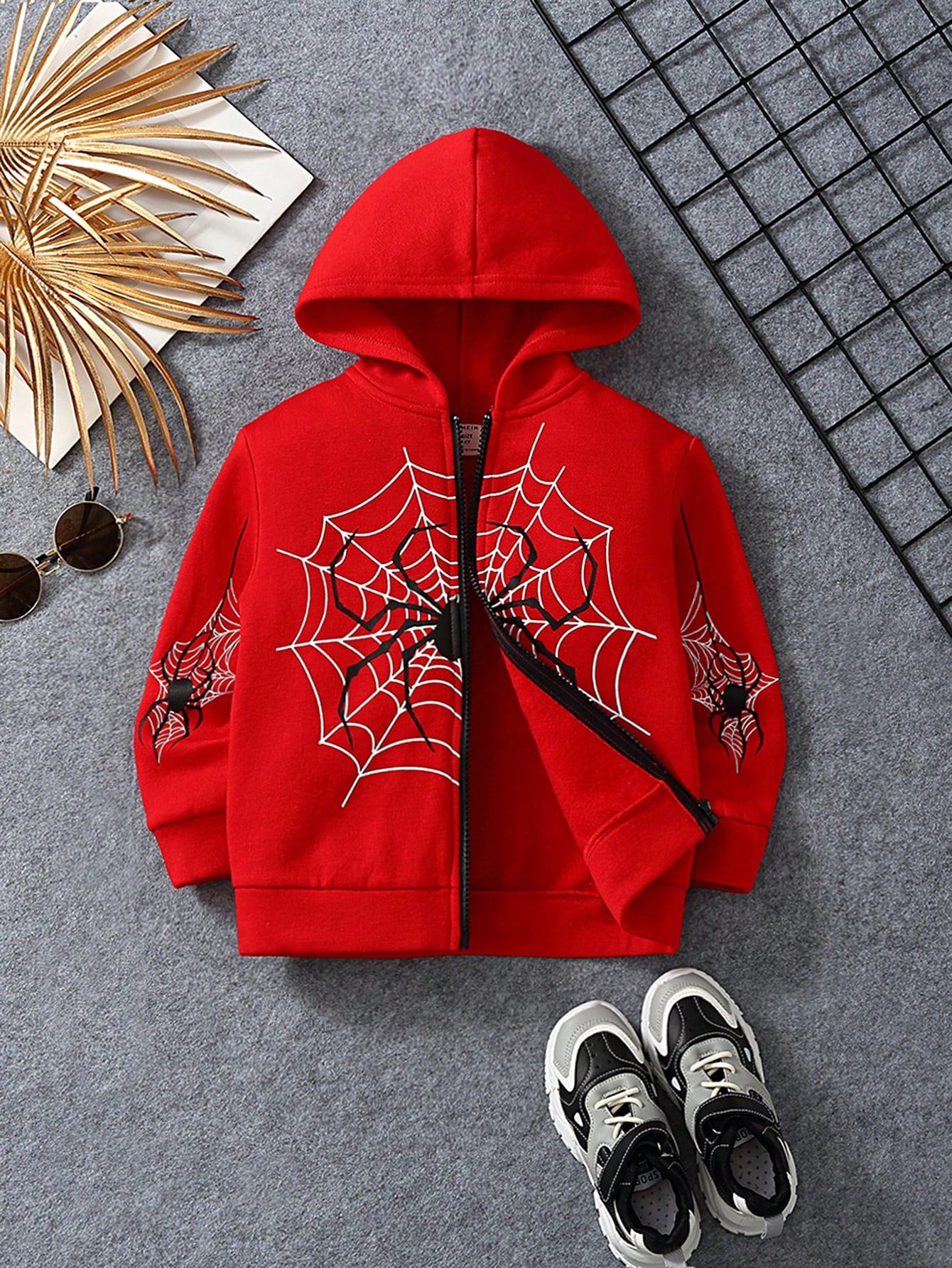 Young Boy Spider Web Print Zip Up Hoodie