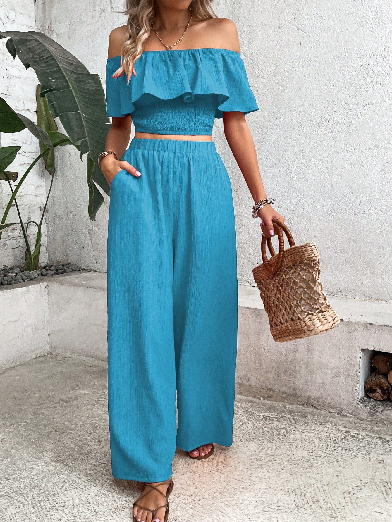 Women's Off-Shoulder Ruffle Trim Top And Wide Leg Pants Two Piece Set