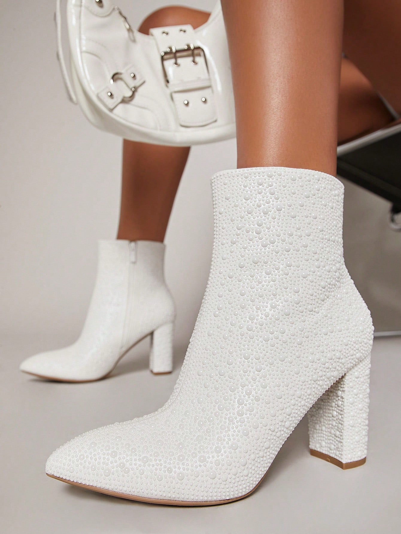 Rhinestone Pointy Toe Block Heel Boots