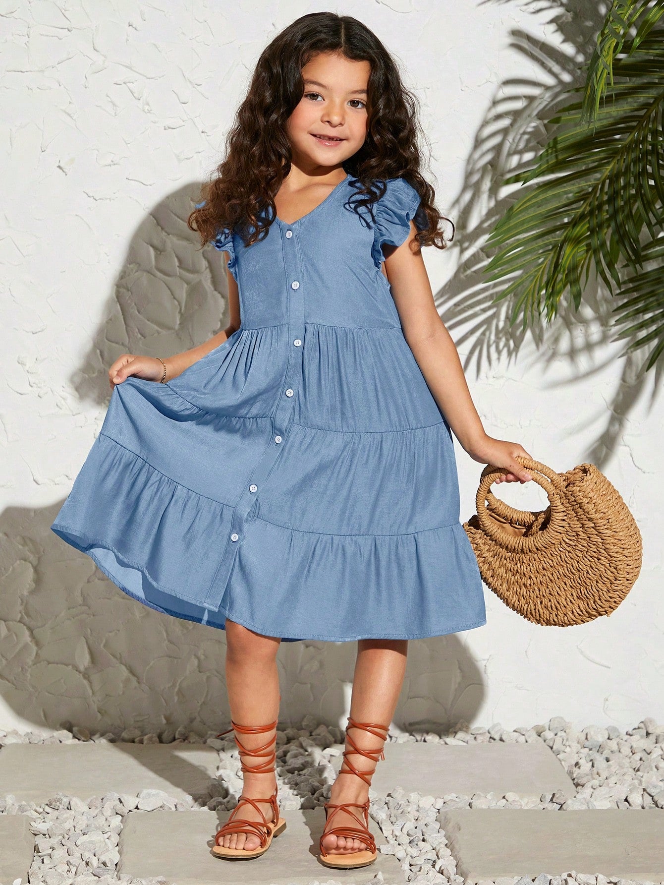 Tween Girls' Vacation Casual Elegant Smocked Front Button Down Puff Sleeve Midi Dress