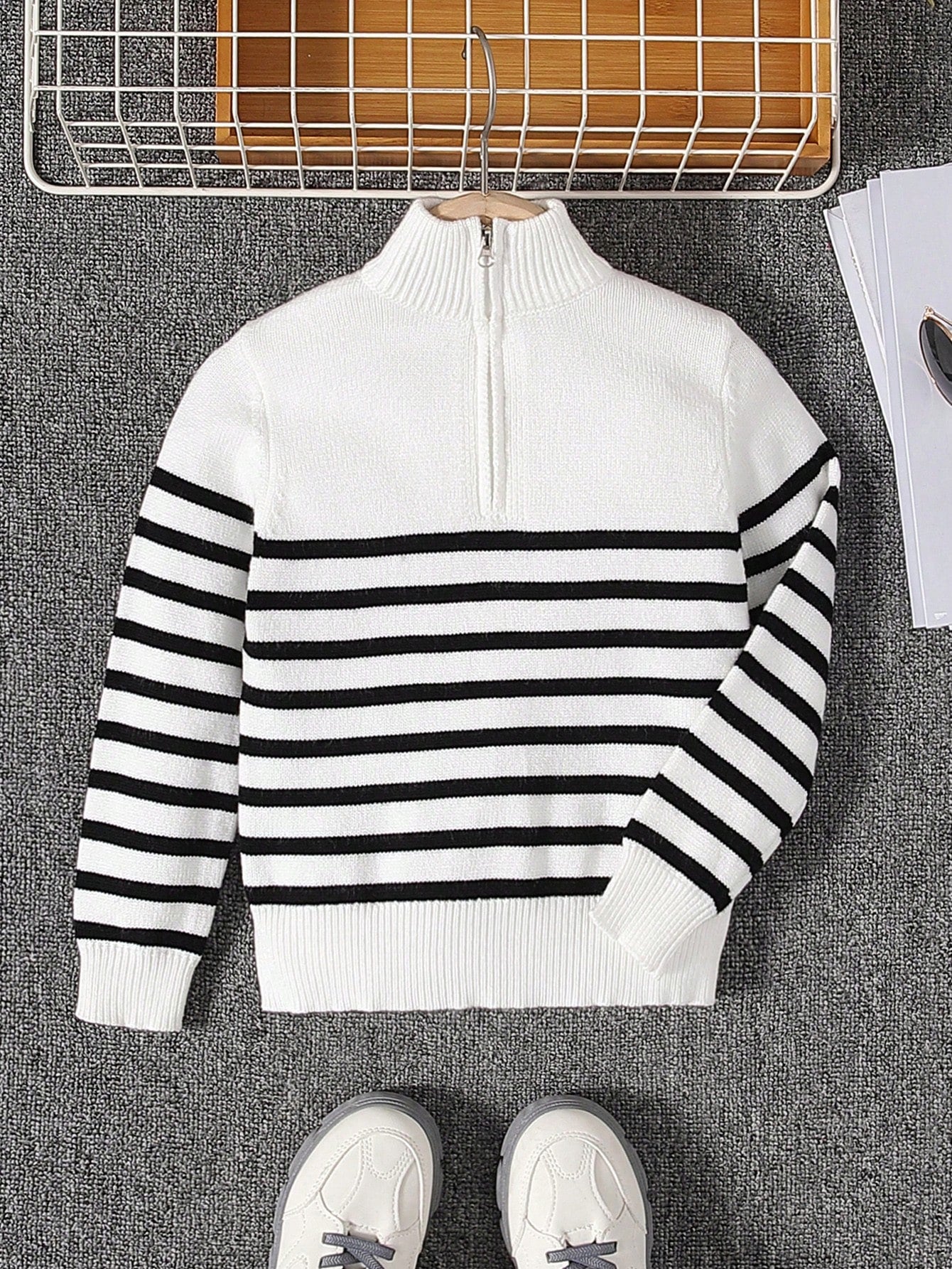 Young Boy Casual Warm Striped Half Zip High Neck Sweater For Autumn And Winter