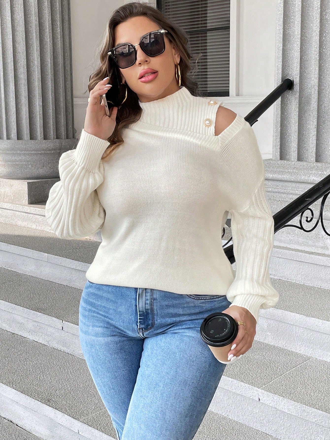 Plus Cut Out Mock Neck Drop Shoulder Sweater