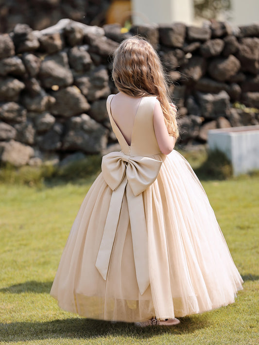 Tween Girls' Champagne Wedding Flower Girl Dress, Maxi Formal Dress With Big Bow