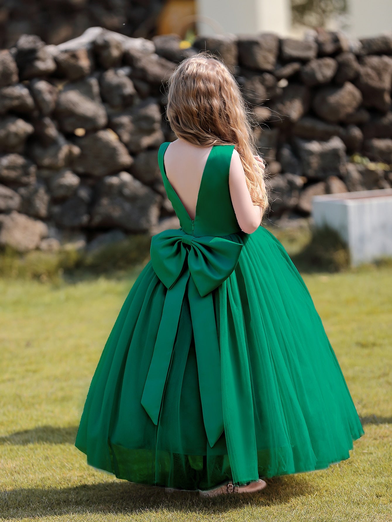 Tween Girls' Party Dress With Big Bowknot And Fluffy Tulle Skirt, Dark Green