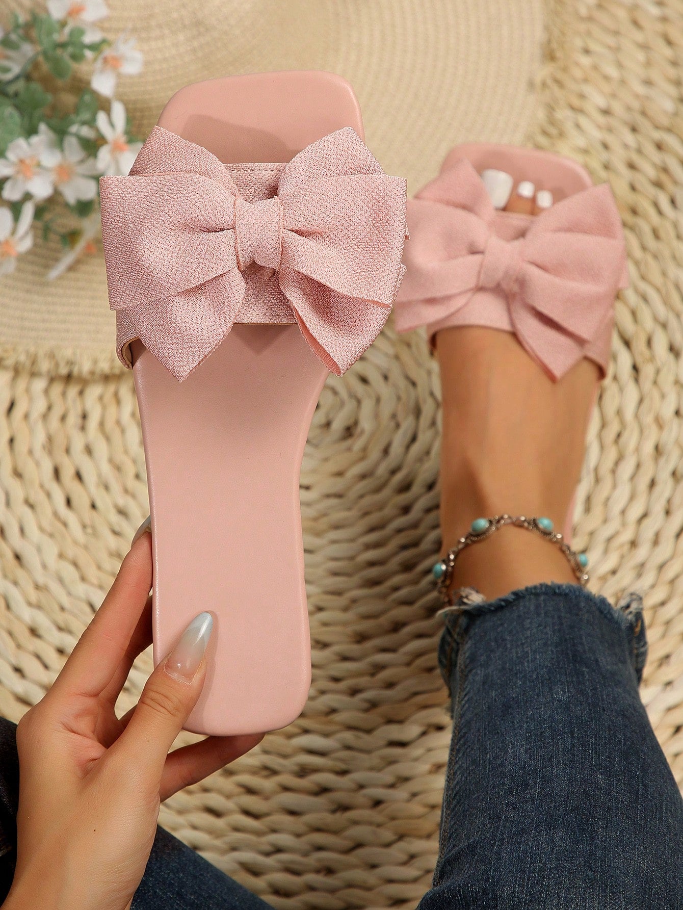 Bow Knot Slipper For Women, Open Toe Flat Hot Pink Sandals With Non-Slip Sole And Cute Bow Tie Decor, Perfect For Beach Or Casual Wear