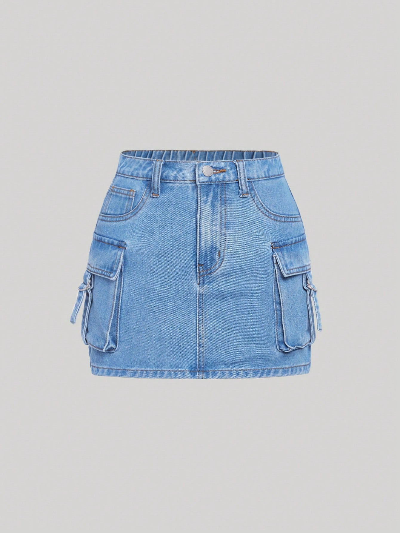 Teen Girl Flap Pocket Buckle Detail Denim Skirt