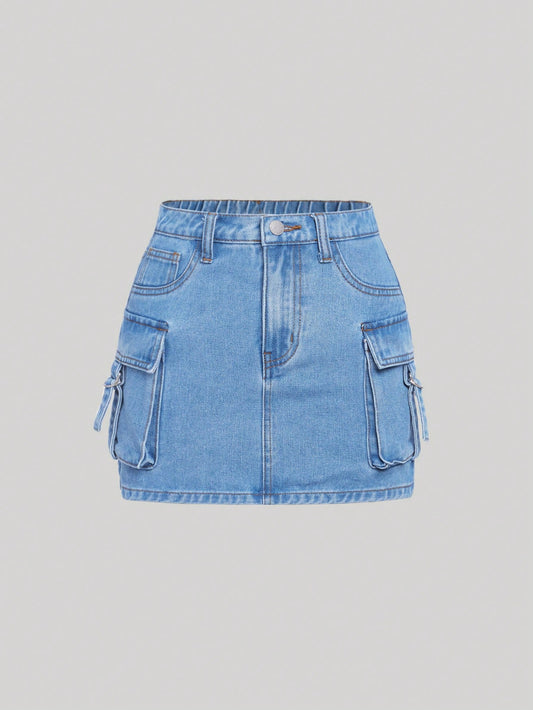 Teen Girl Flap Pocket Denim Skirt