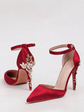 European And American Style Sexy Women's Shoes Fashionable Metal Flower Detail Stiletto Heels Wedding Shoes Pointed Toe Ankle Strap High Heel Sandals For Ladies