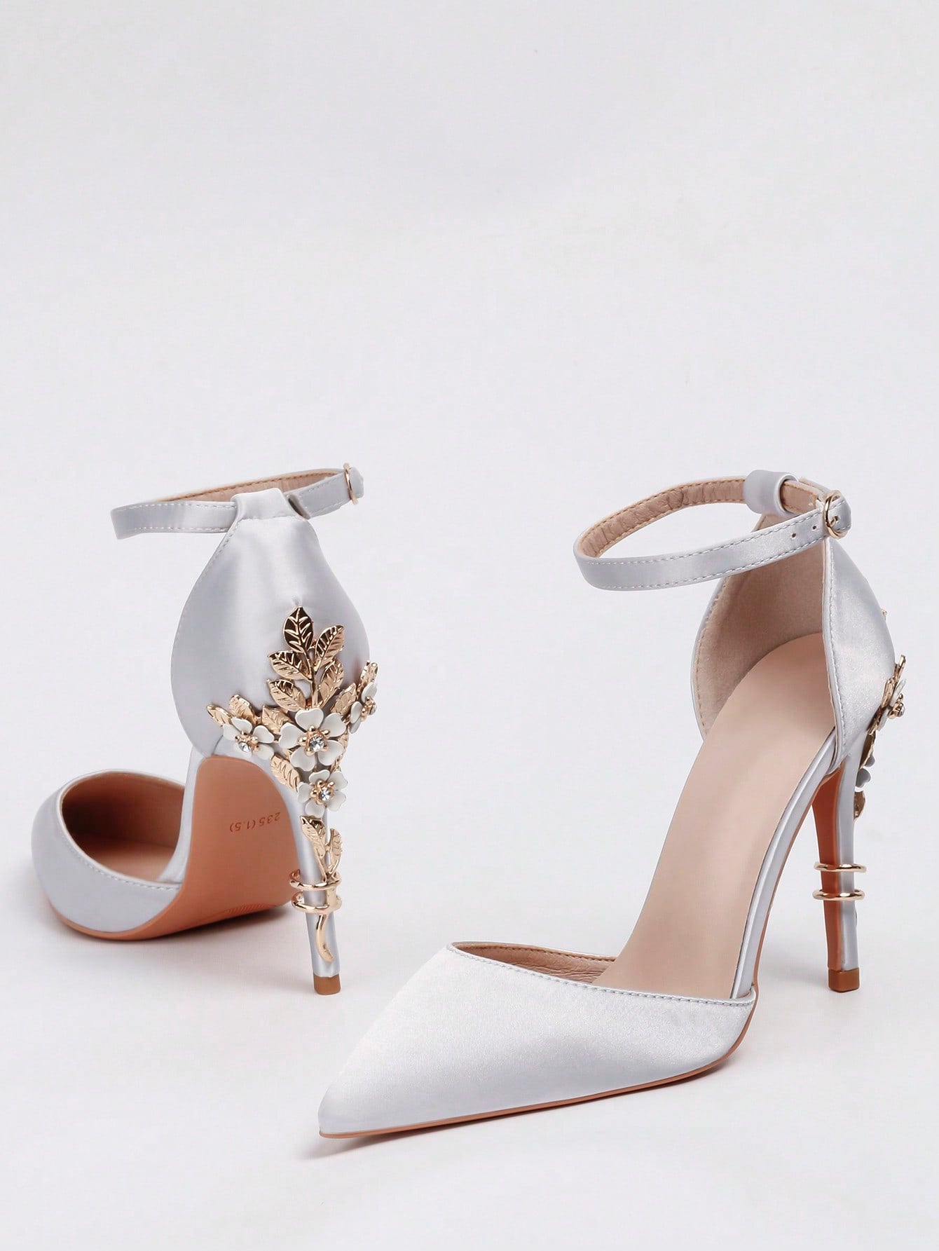 Women Rhinestone & Flower Decor Point Toe Stiletto Heeled Pumps, Fashionable White Elastane Slingback Pumps For Wedding