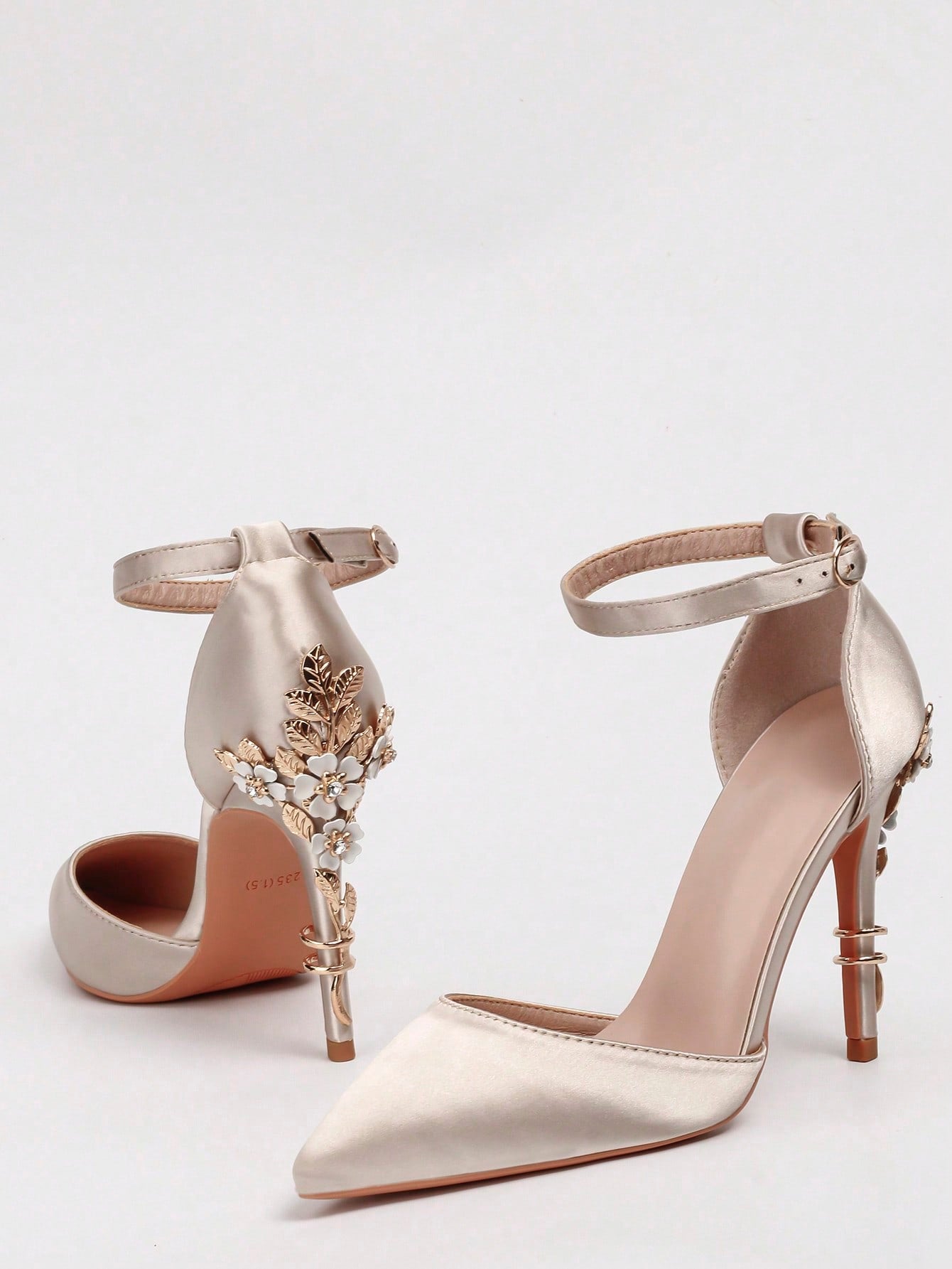 Women Rhinestone & Flower Decor Point Toe Stiletto Heeled Pumps, Fashionable White Elastane Slingback Pumps For Wedding