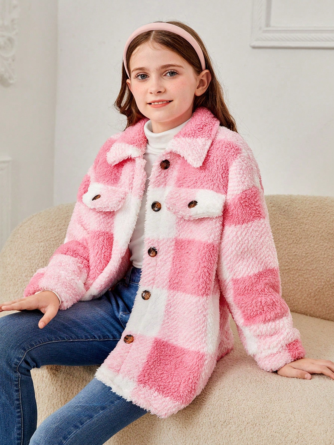 Tween Girl Buffalo Plaid Pattern Drop Shoulder Teddy Coat