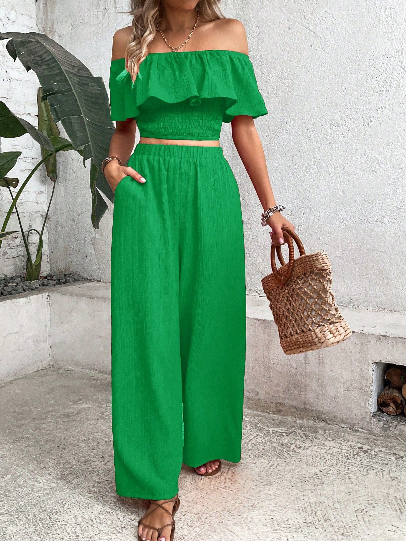 Women's Off-Shoulder Ruffle Trim Top And Wide Leg Pants Two Piece Set