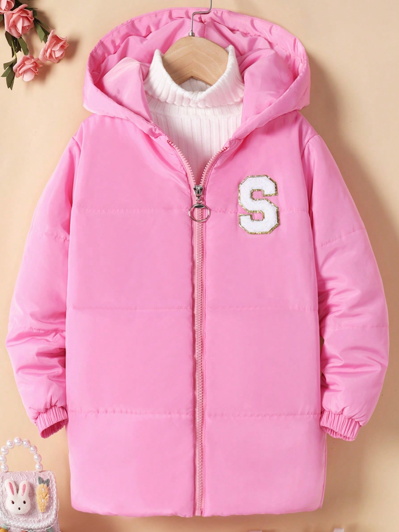 Tween Girl 1pc Letter Patched Detail Hooded Puffer Coat