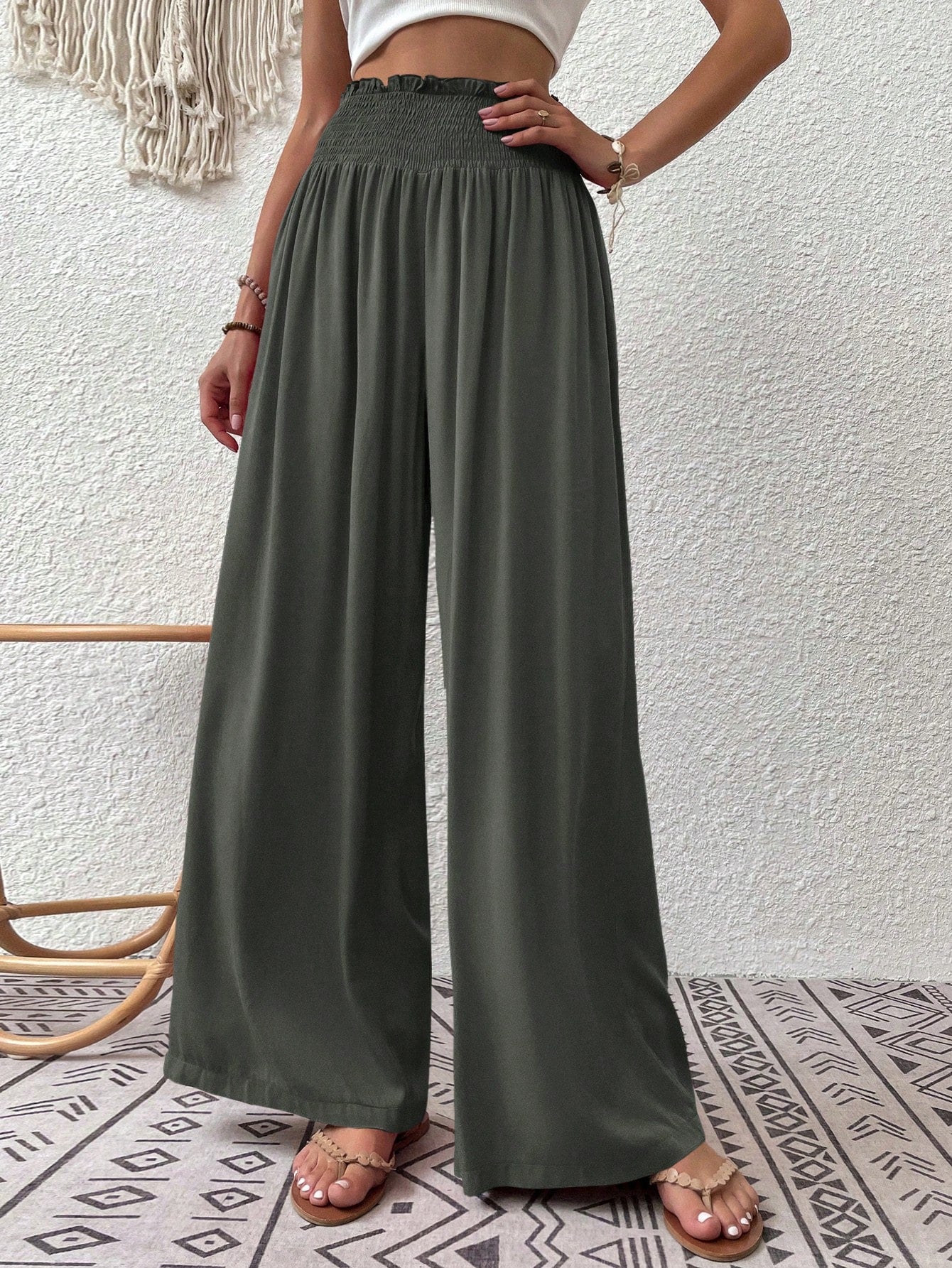 Shirred Waist Wide Leg Pants