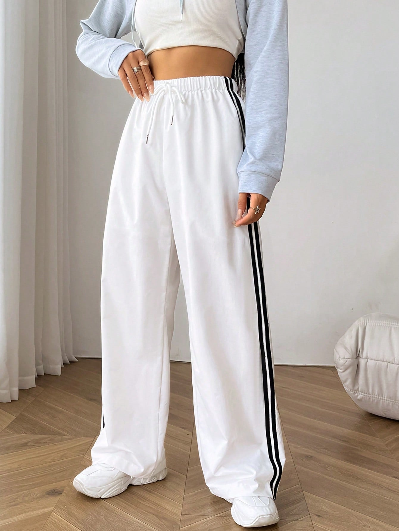 Striped Side Drawstring Waist Wide Leg Pants