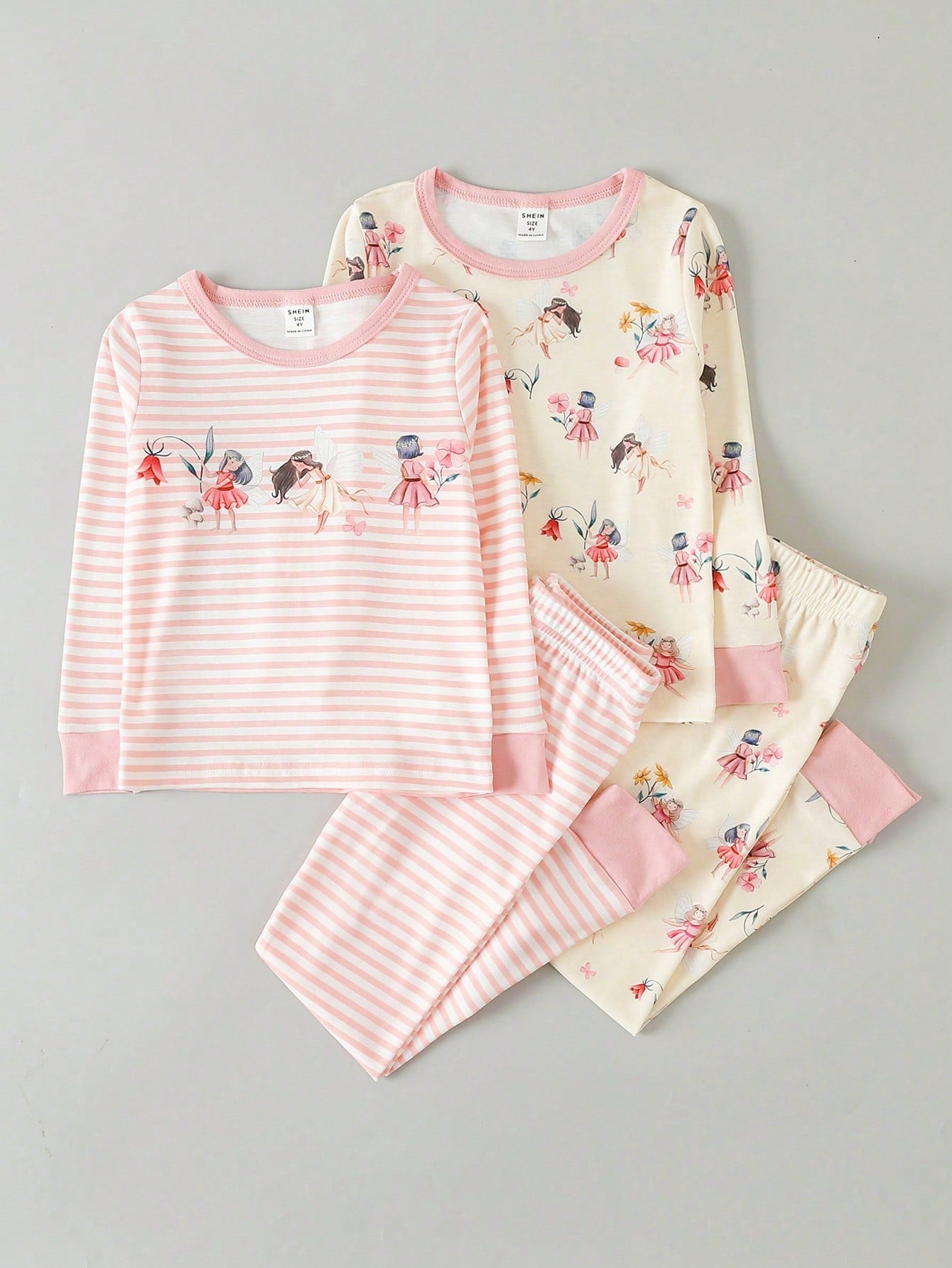 Young Girl 4pcs Floral & Striped Print Snug Fit PJ Set