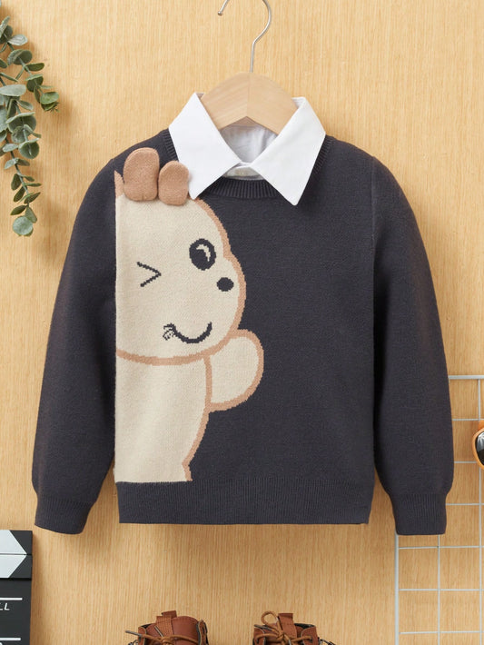 Young Boy Cartoon Pattern Sweater Without Shirt