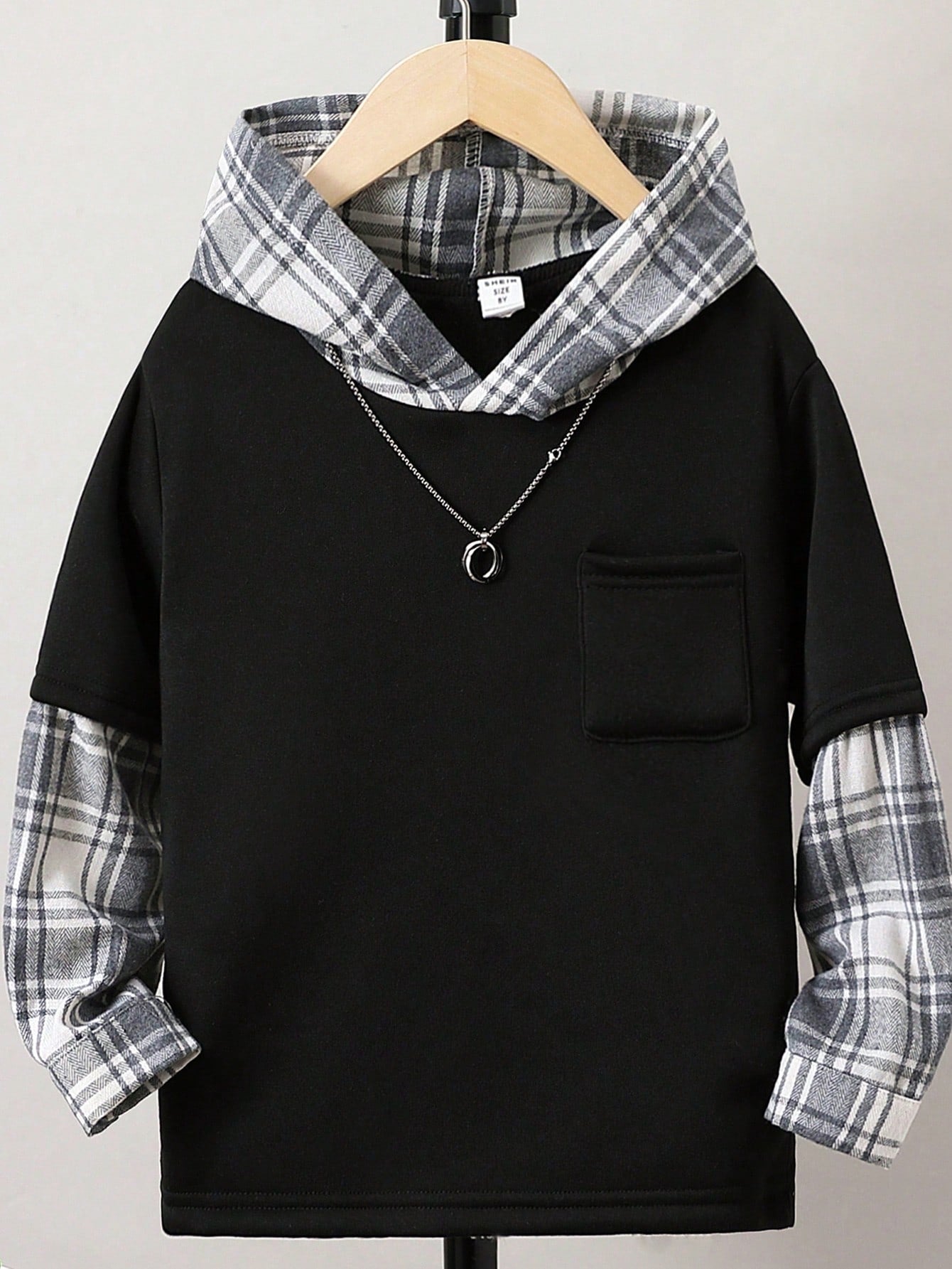 Tween Boy Plaid Print 2 In 1 Hooded Sweatshirt Without Necklace