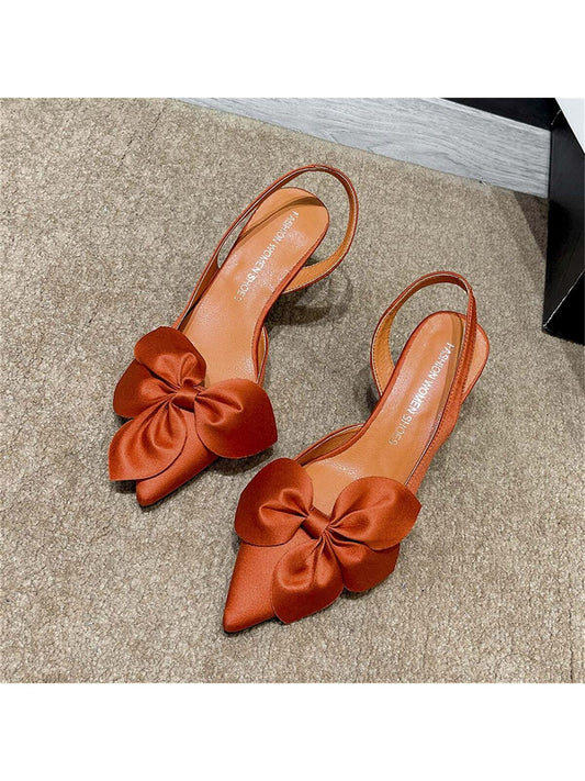 Women's Fashion Pointed Toe Stiletto High Heels, Shallow Mouth Shoes With Satin Side Hollow Bow Decoration