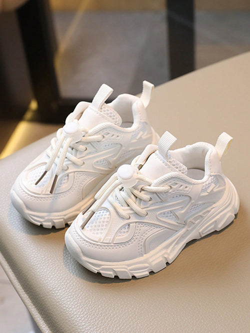 1pair Fashionable New Style Kids' Cartoon Lace-Up Flat Sports Shoes, Girls' Color Block Sneakers, Boys' Round Toe Comfortable Casual Shoes Suitable For Outdoor Activities