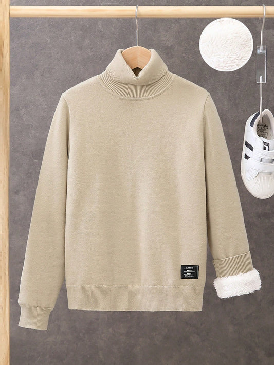 Tween Boy Casual High Collar Fleece Pullover Sweater For Warmth