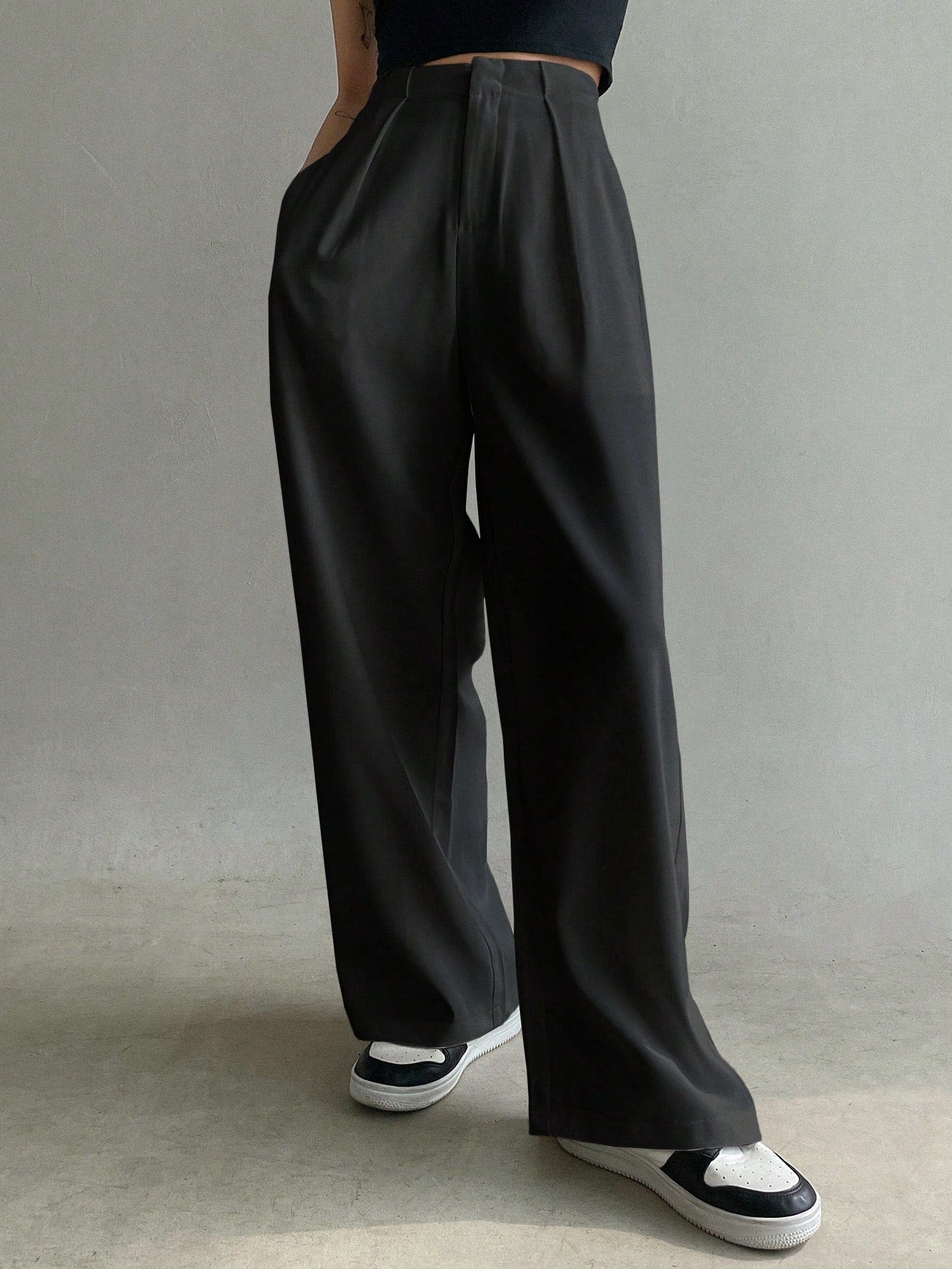 Women's Solid Color Pleated High Waist Loose Casual Suit Pants