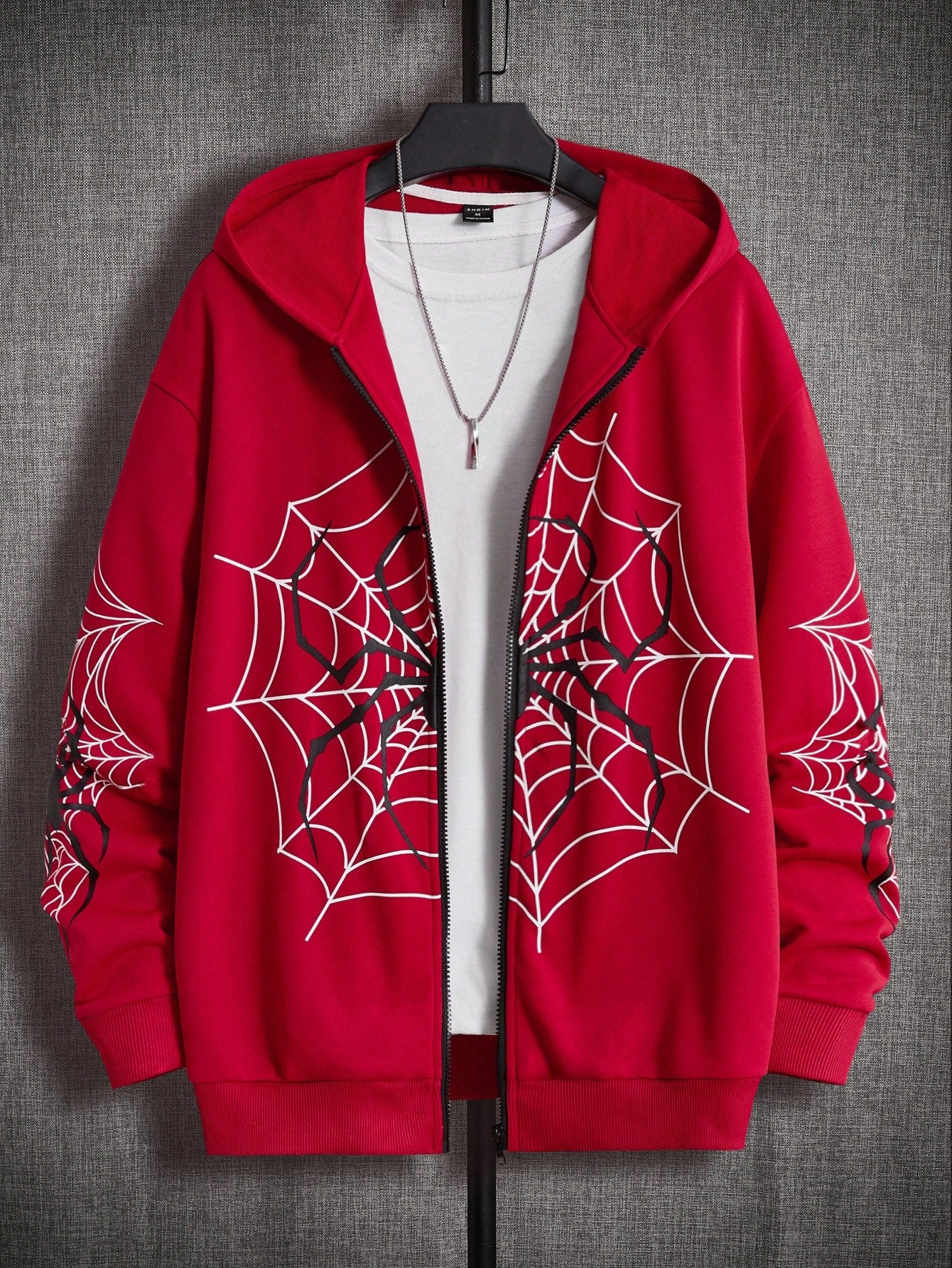 Loose-Fit Men's Spider Web Print Zip-Up Hoodie Without T-Shirt