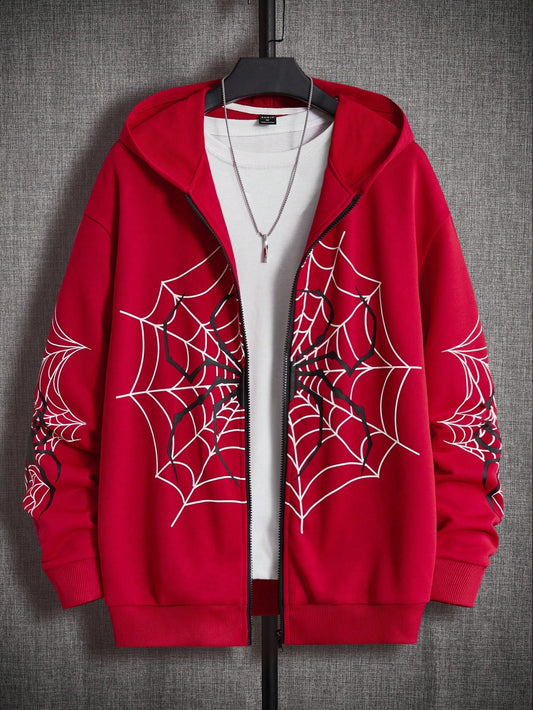 Loose-Fit Men's Spider Web Print Zip-Up Hoodie Without T-Shirt