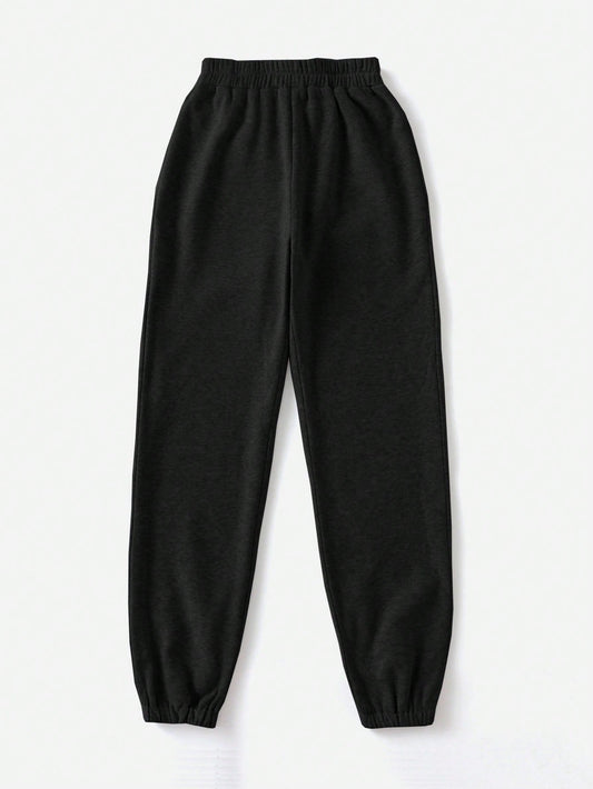 Plus Solid Elastic Waist Black Sweatpants